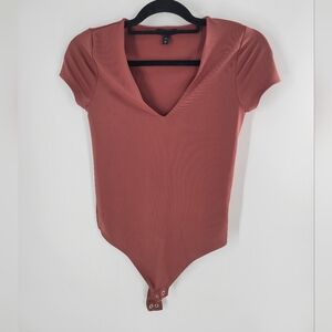 Express Rusty Color V Neck Short Sleeve Bodysuit Thong Snap Closure Size S